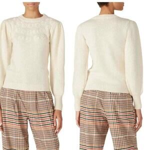 LOUNA Ivory Embroidered Puff Sleeve Floral Chunky Knit Sweater Size XS